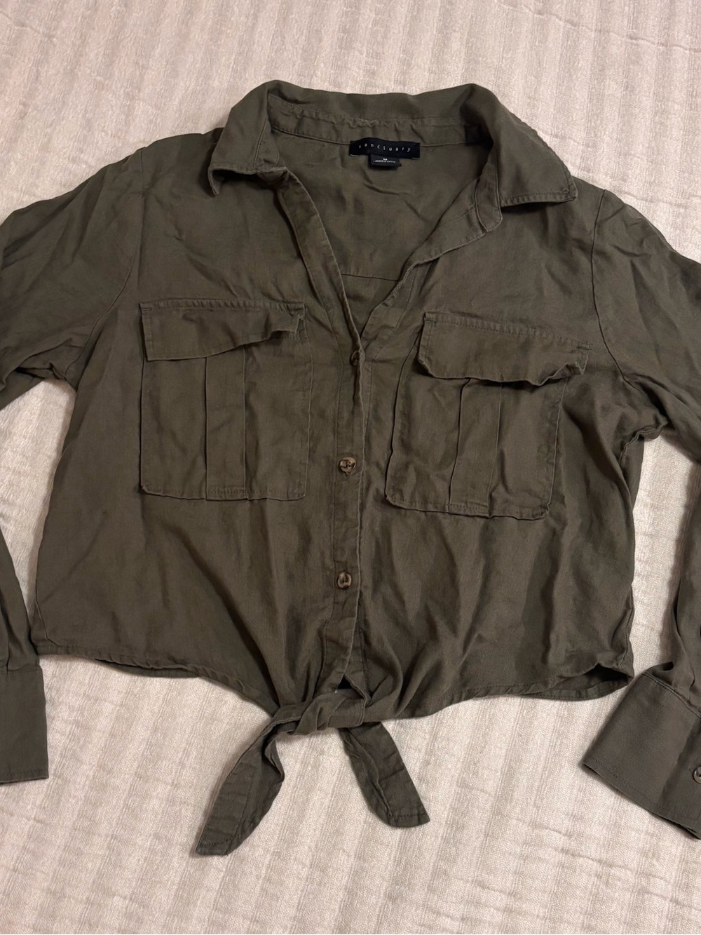 Sanctuary Olive Green Tie-Front Button-Down Shirt-M